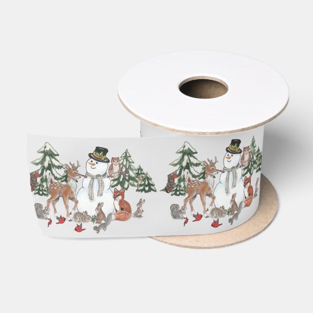 Woodland Snowman Deer Fox Christmas wünscht Grau Satinband (Spule)
