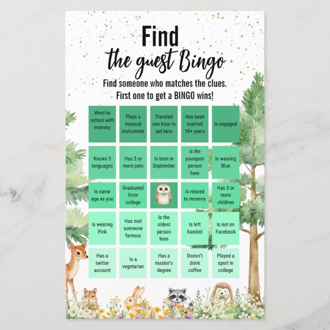 Woodland süße Tier Baby Dusche Bingo Spiel (Vorderseite)