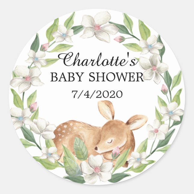 Woodland Sweet Deer Baby Dusche Runder Aufkleber (Vorderseite)