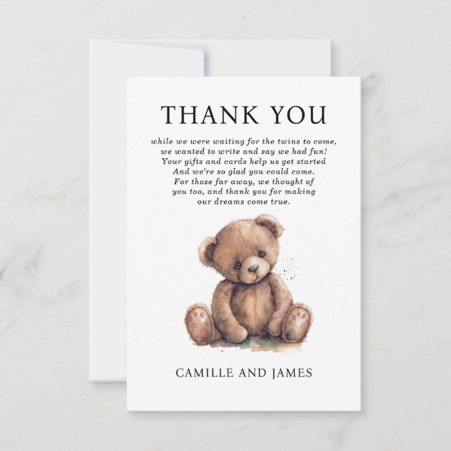 Woodland Teddy Bear Baby Dusche Vielen Dank Dankeskarte (Vorderseite)