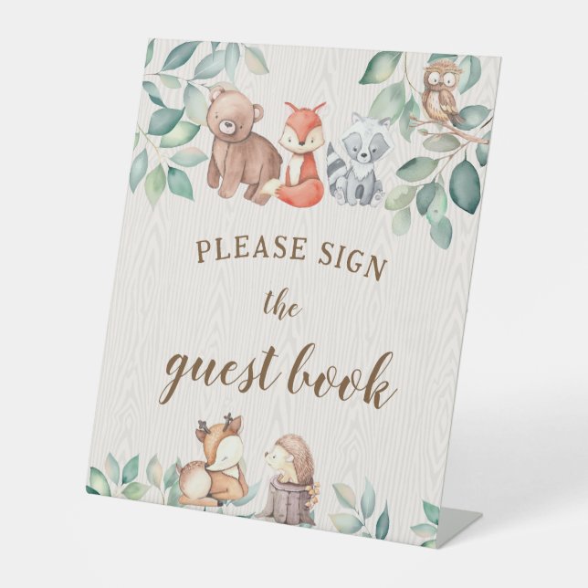 Woodland Thema Babydusche Gästebuch Sockelschild (Vorderseite)