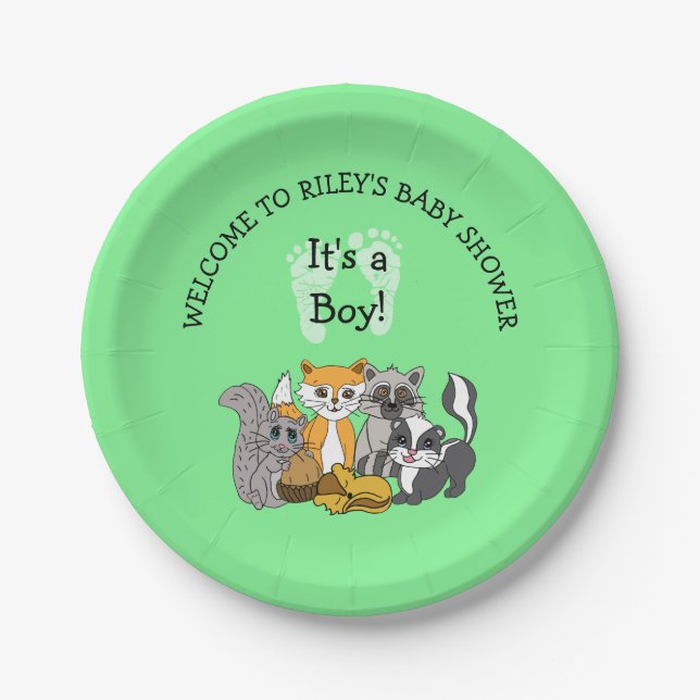 Woodland Themed Boy's Baby Shower Paper Plate Pappteller (Vorderseite)