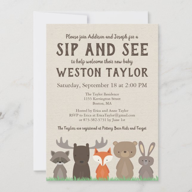 Woodland Themed Sip and See Einladungen (Vorderseite)