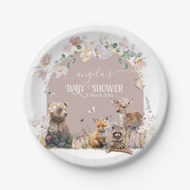 Woodland tierblütenmädchen Kinderdusche Pappteller (Vorderseite)