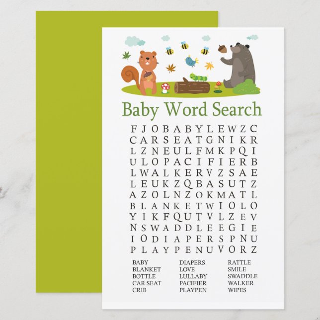 Woodland-Tiere Kinderdusche Word Search Game (Vorne/Hinten)