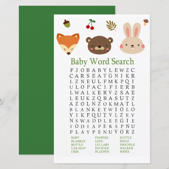 Woodland-Tiere Kinderdusche Word Search Game (Vorne/Hinten)