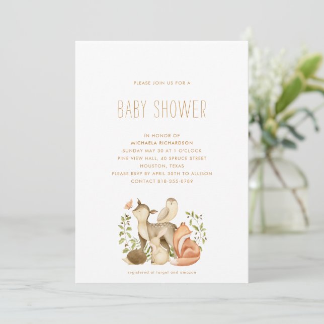 WOODLAND TIERE MODERNE MINIMAL BABY SHOWER | EINLADUNG (Stehend Vorderseite)