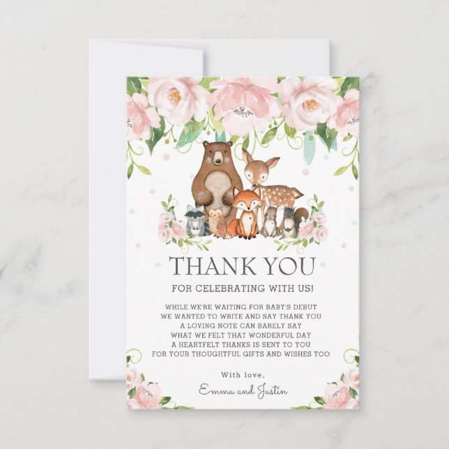 Woodland Tiere Rosa Blush Bloral Baby Dusche Dankeskarte (Vorderseite)