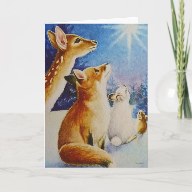Woodland-Tiere Siehe Christmas Star Wasserfarbe Ku Karte (Vorderseite)