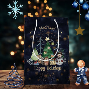 Woodland Tiere Weihnachtsnachtsnacht Blau Mittlere Geschenktüte