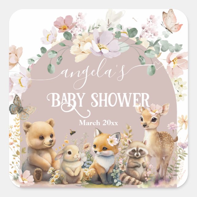 Woodland tierische Wildblume Girl Baby Dusche Quadratischer Aufkleber (Vorderseite)
