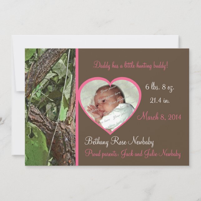 Woodland Tree Camouflage Baby Girl Ankündigung (Vorderseite)
