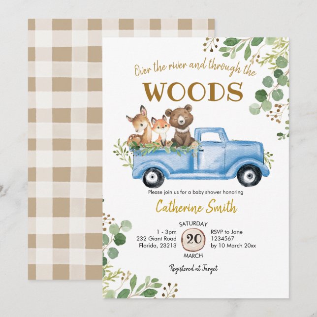 Woodland Truck Kinderdusche Einladung (Vorne/Hinten)