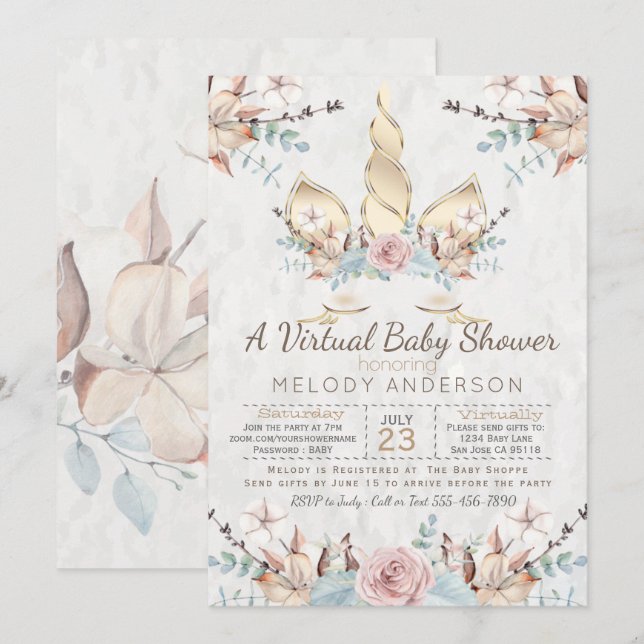 Woodland Unicorn Virtual Baby Dusche Gold Einladung (Vorne/Hinten)