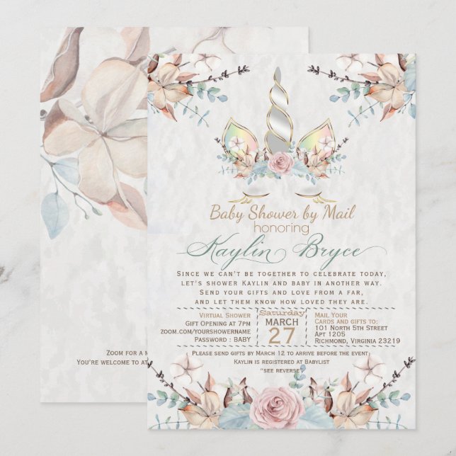 Woodland Unicorn Virtual Baby Shower Kaylin4a Inv Einladung (Vorne/Hinten)