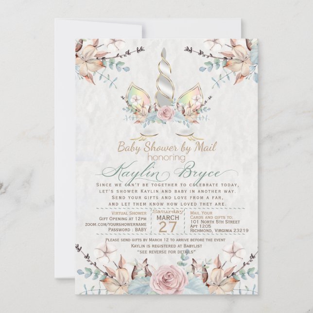 Woodland Unicorn Virtual Baby Shower Kaylin5 Inv Einladung (Vorderseite)