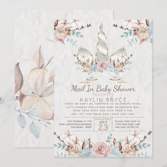 Woodland Unicorn Virtual Baby Shower Kaylin Einladung (Vorne/Hinten)