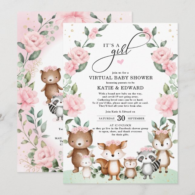 Woodland Virtual Baby Dusche Blush Floral Animes Einladung (Vorne/Hinten)