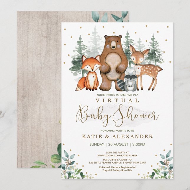 Woodland Virtual Baby Showwald Zoom Party Einladung (Vorne/Hinten)