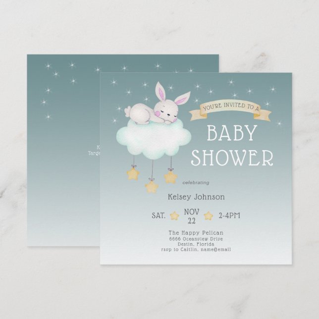 Woodland Watercolor Bunny Starry Babydusche Einladung (Vorne/Hinten)