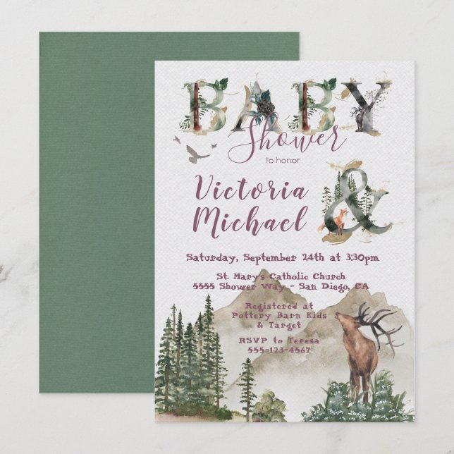 Woodland Watercolor Forest Mountain Babydusche Einladung (Vorne/Hinten)