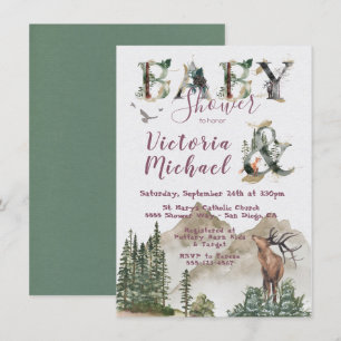 Woodland Watercolor Forest Mountain Babydusche Einladung