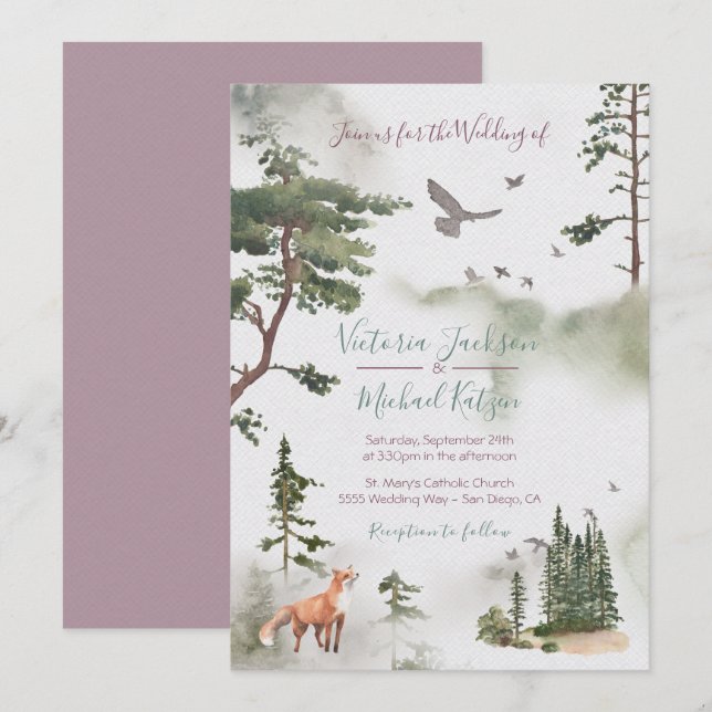 Woodland Watercolor Forêt invitations au mariage (Devant / Derrière)