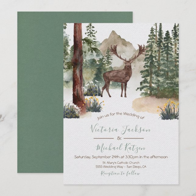 Woodland Watercolor Forêt invitations au mariage (Devant / Derrière)