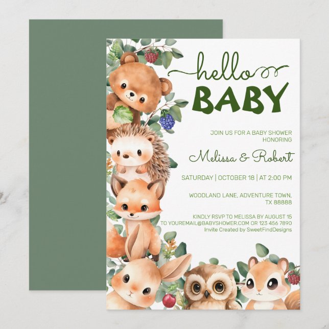 Woodland Watercolor Kinderdusche Einladung (Vorne/Hinten)
