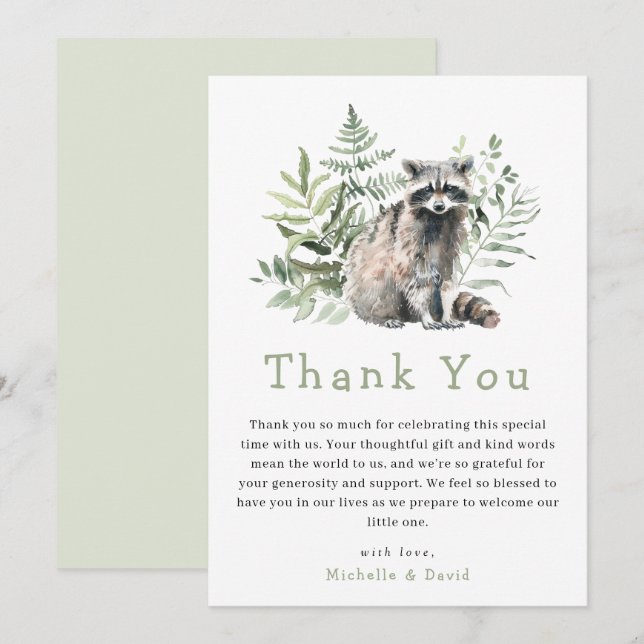 Woodland Watercolor Raccoon Babydusche Vielen Dank Dankeskarte (Vorne/Hinten)