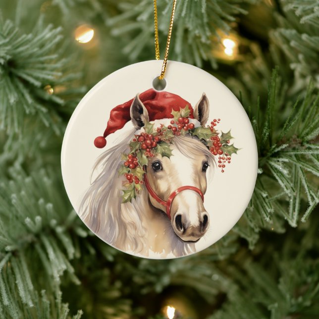 Woodland Weihnachtspferd hinzufügen Text Aquarell Keramik Ornament (Baum)