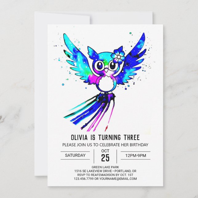 Woodland Whimsical Digital Owl Geburtstag Einladung (Vorderseite)