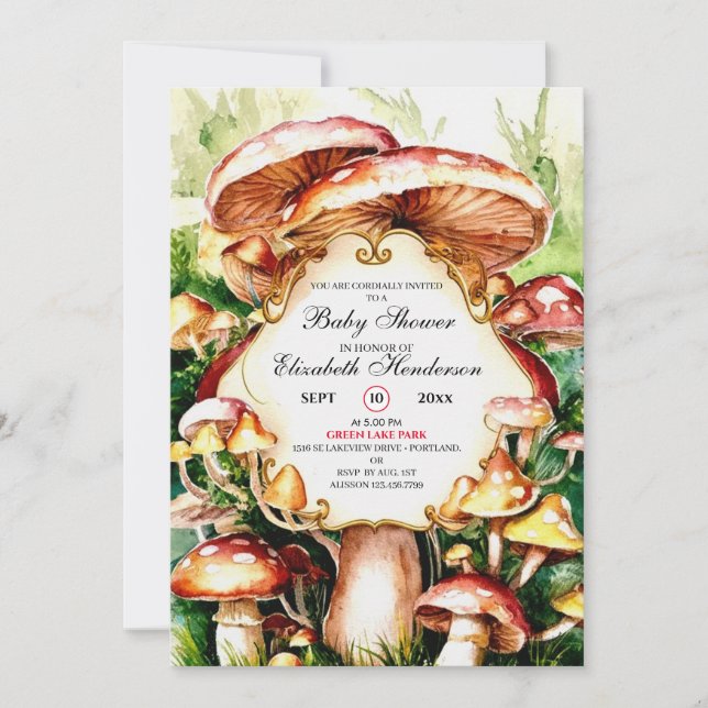 Woodland Whimsical Mushroom Baby Dusche Einladung (Vorderseite)