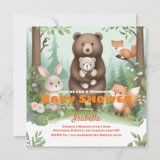 Woodland Whimsy Baby Dusche Einladung (Vorderseite)