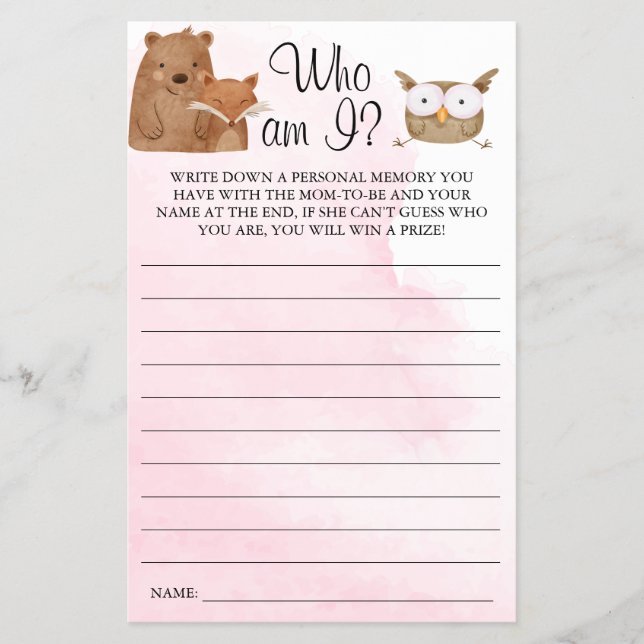 Woodland Who bin ich Baby Duschspielkarte Flyer (Vorne)