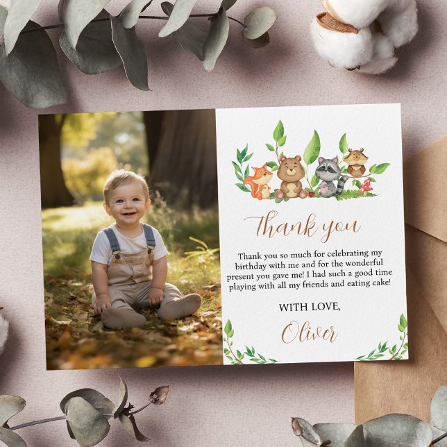 Woodland Wild One Birthday Photo Carte de remercie (Créateur téléchargé)