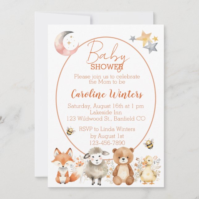 Woodland Wildlife Baby Dusche Einladung (Vorderseite)