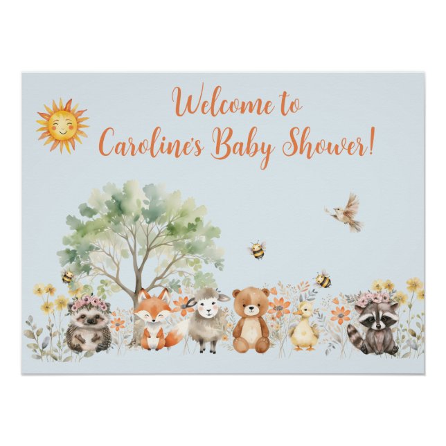 Woodland Wildlife Blue Baby Dusche Poster (Vorderseite)