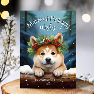 Woodland Winter Akita Hund Merriest Wünsche Feiertagskarte