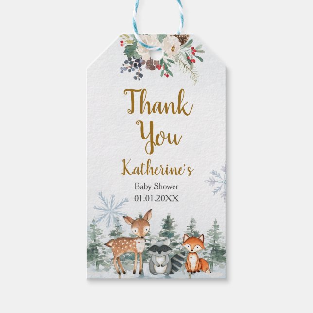 Woodland Winter Animal Forest Baby Dusche Geschenkanhänger (Vorderseite)