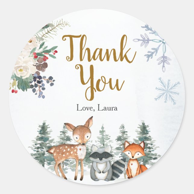 Woodland Winter Animal Forest Baby Dusche Runder Aufkleber (Vorderseite)
