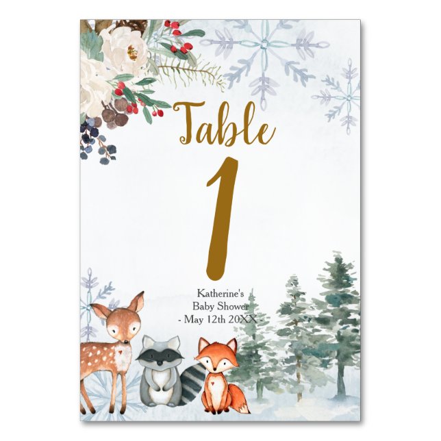 Woodland Winter Animal Forest Baby Dusche Tischnummer (Vorderseite)