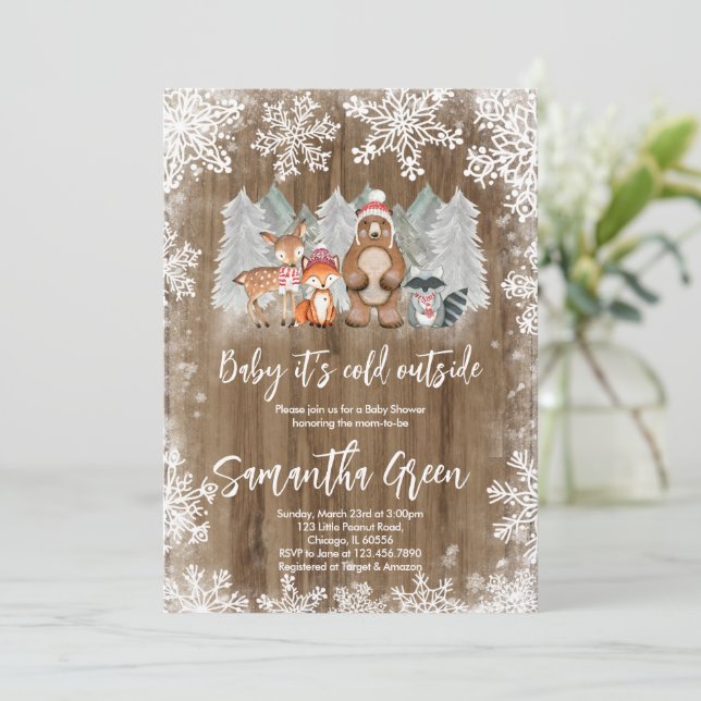 Woodland Winter Baby Dusche Einladung (Stehend Vorderseite)
