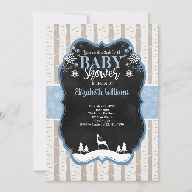 Woodland Winter Baby Dusche Einladung (Vorderseite)