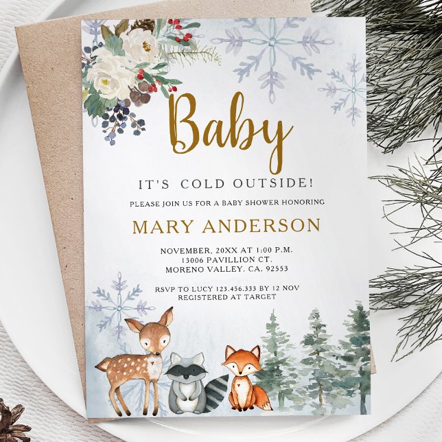 Woodland Winter Baby Shower Forest Animes Einladung (Von Creator hochgeladen)