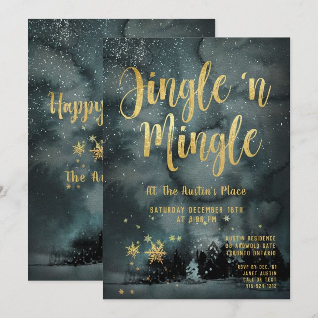 Woodland Winter Jingle Gold Feiertage Einladung (Vorne/Hinten)
