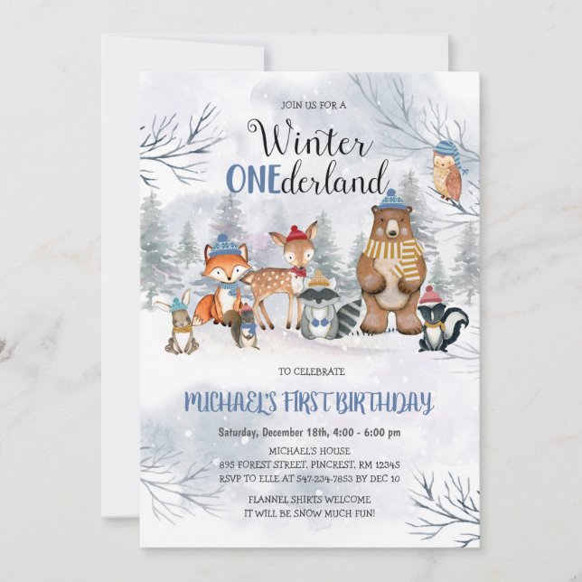 Woodland Winter ONE derland Invitation d'anniversa (Devant)