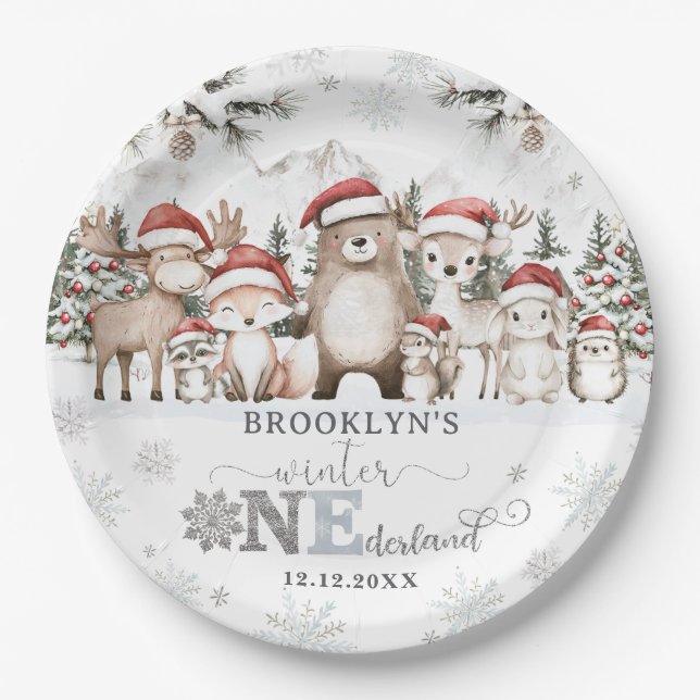 Woodland Winter ONEderland Christmas 1st Birthday Pappteller (Vorderseite)