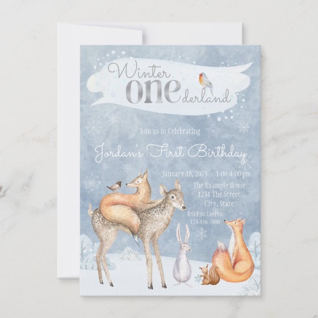 Woodland Winter ONEderland Erste Geburtstagsparty Einladung (Vorderseite)