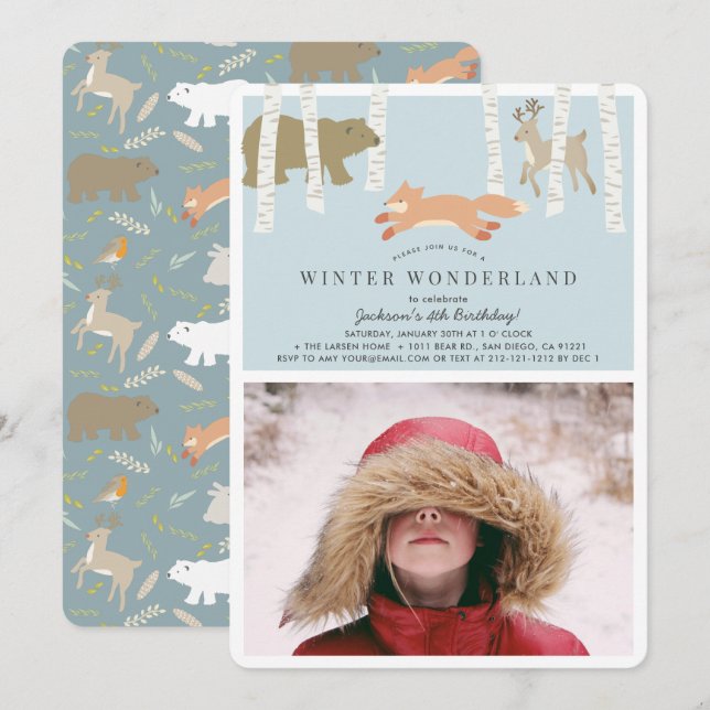 Woodland Winter Wonderland Blue Foto Geburtstag Einladung (Vorne/Hinten)